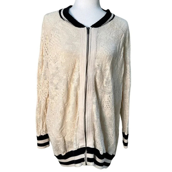 FREE PEOPLE Lace Cutout Zip Front Long Line Cardigan Sweater - Size Medium - Picture 1 of 8
